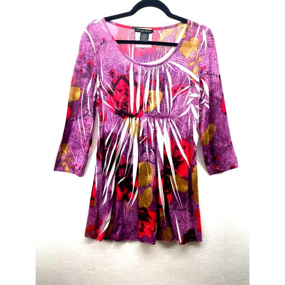 SIMPLY IRRESISTIBLE Womens Floral Stretch‎ Knit Boho Tunic Shirt Blouse Medium